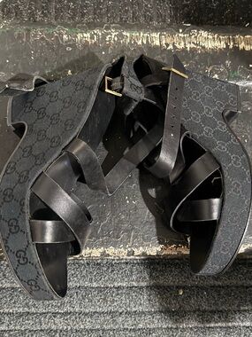 Gucci Black Monogram Platform Wedge Sandals